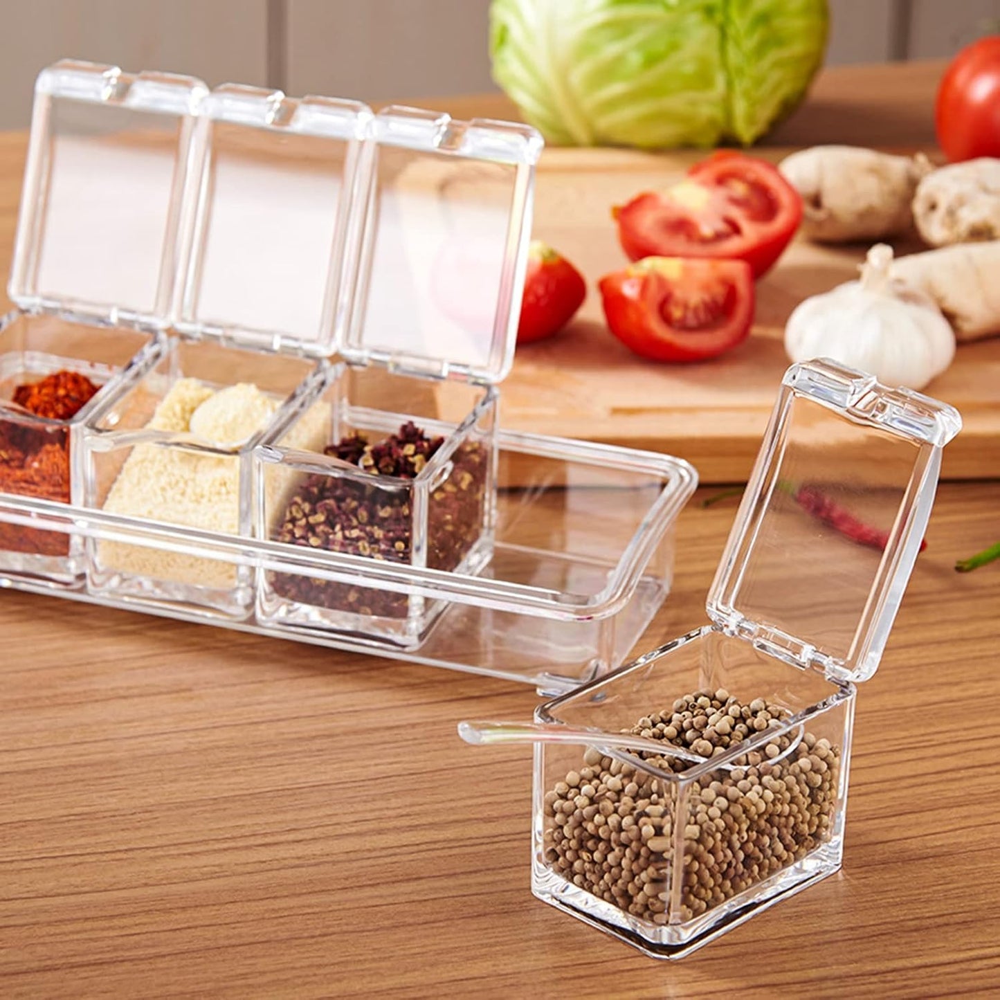 Crystal Seasoning Box With 4 Compartments And Spoons – Transparent Spice Storage Container Set.