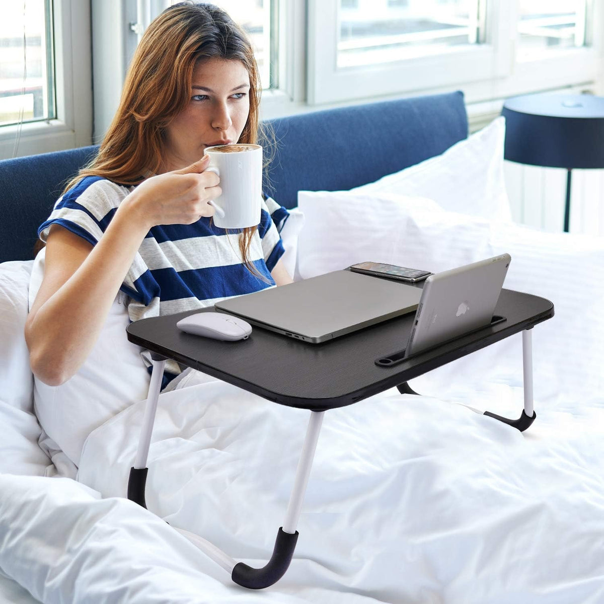 Portable bed table with built-in tablet and phone holder for hands-free viewing