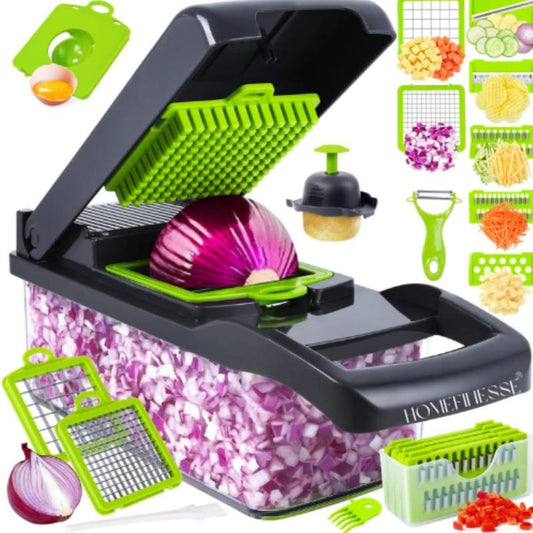 Multifunctional Vegetable Chopper & Slicer with Colander Basket and Storage Container – Heavy Duty Manual Food Cutter