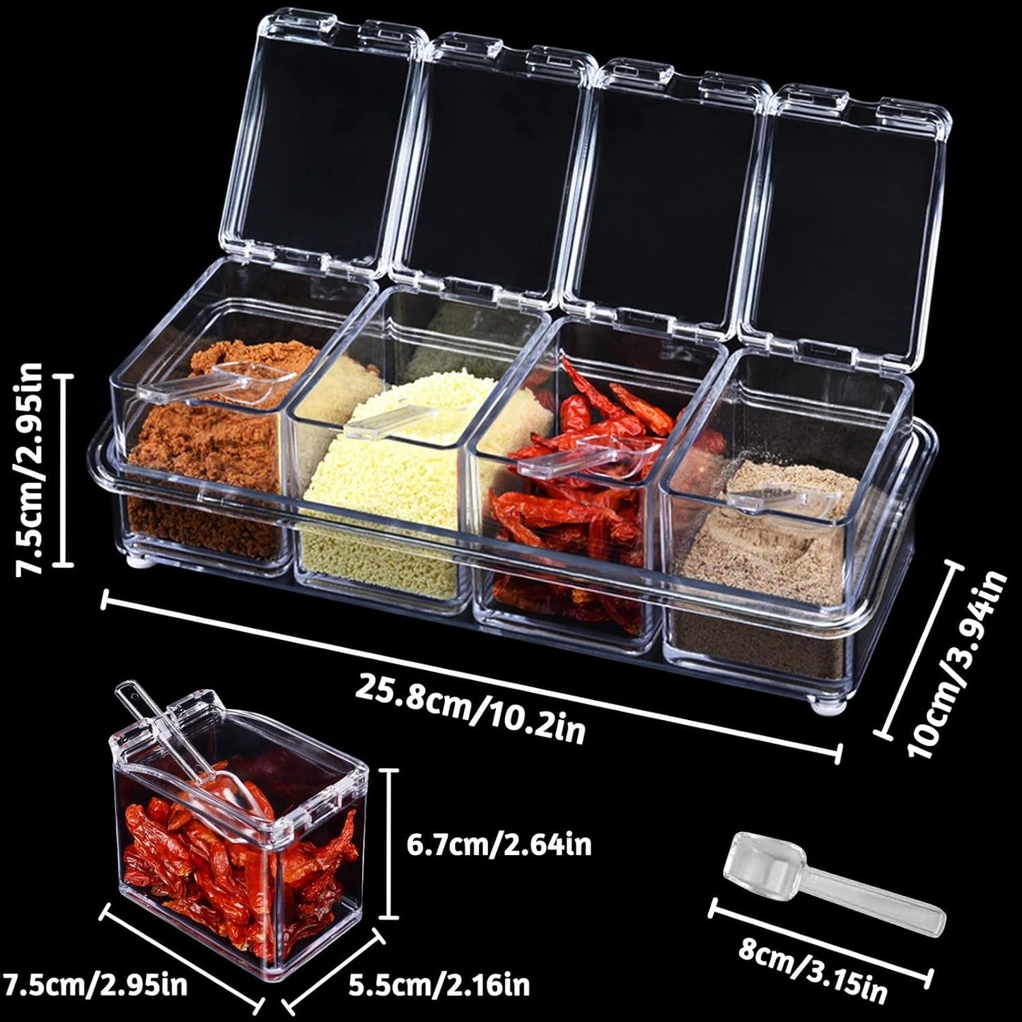 Crystal Seasoning Box With 4 Compartments And Spoons – Transparent Spice Storage Container Set.