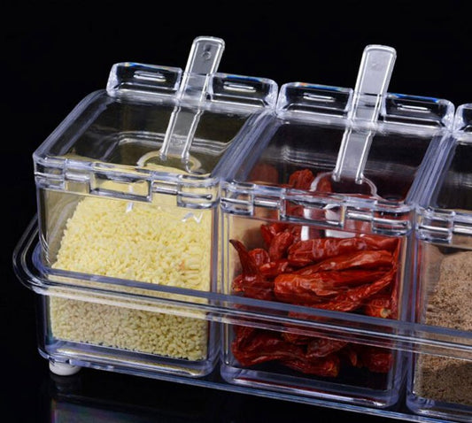Crystal Seasoning Box With 4 Compartments And Spoons – Transparent Spice Storage Container Set.