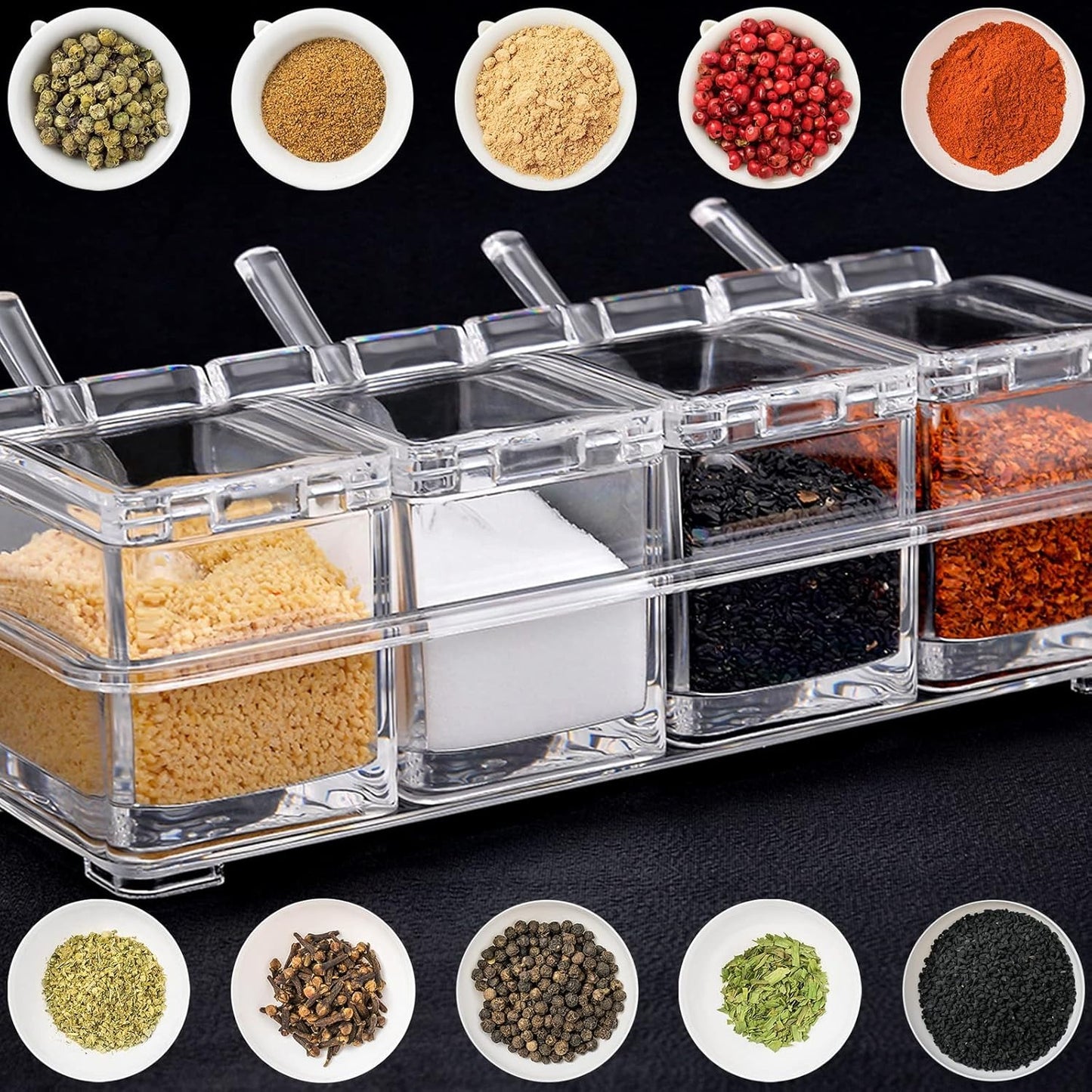 Crystal Seasoning Box With 4 Compartments And Spoons – Transparent Spice Storage Container Set.