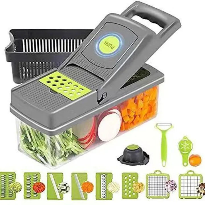 Multifunctional Vegetable Chopper & Slicer with Colander Basket and Storage Container – Heavy Duty Manual Food Cutter