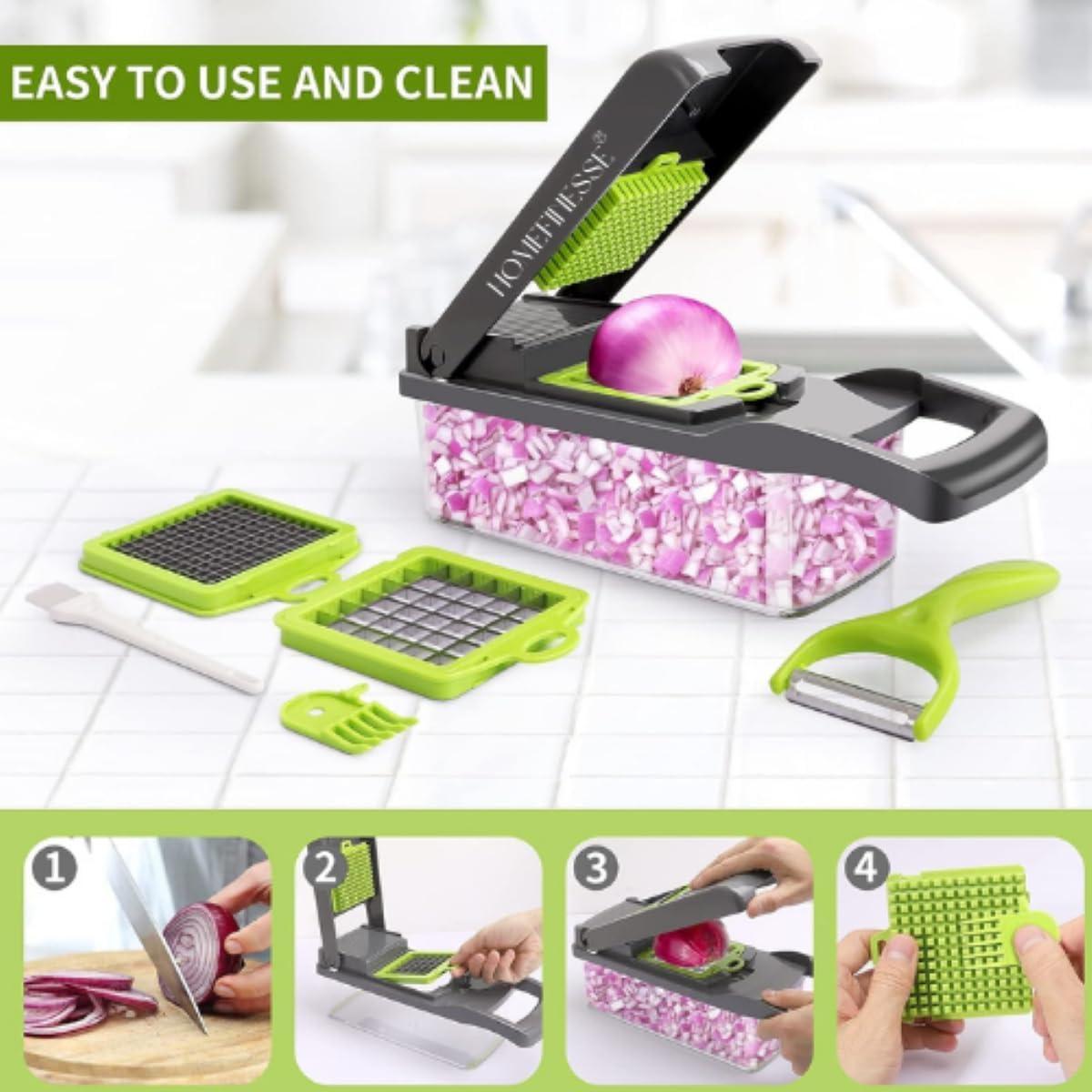 Multifunctional Vegetable Chopper & Slicer with Colander Basket and Storage Container – Heavy Duty Manual Food Cutter