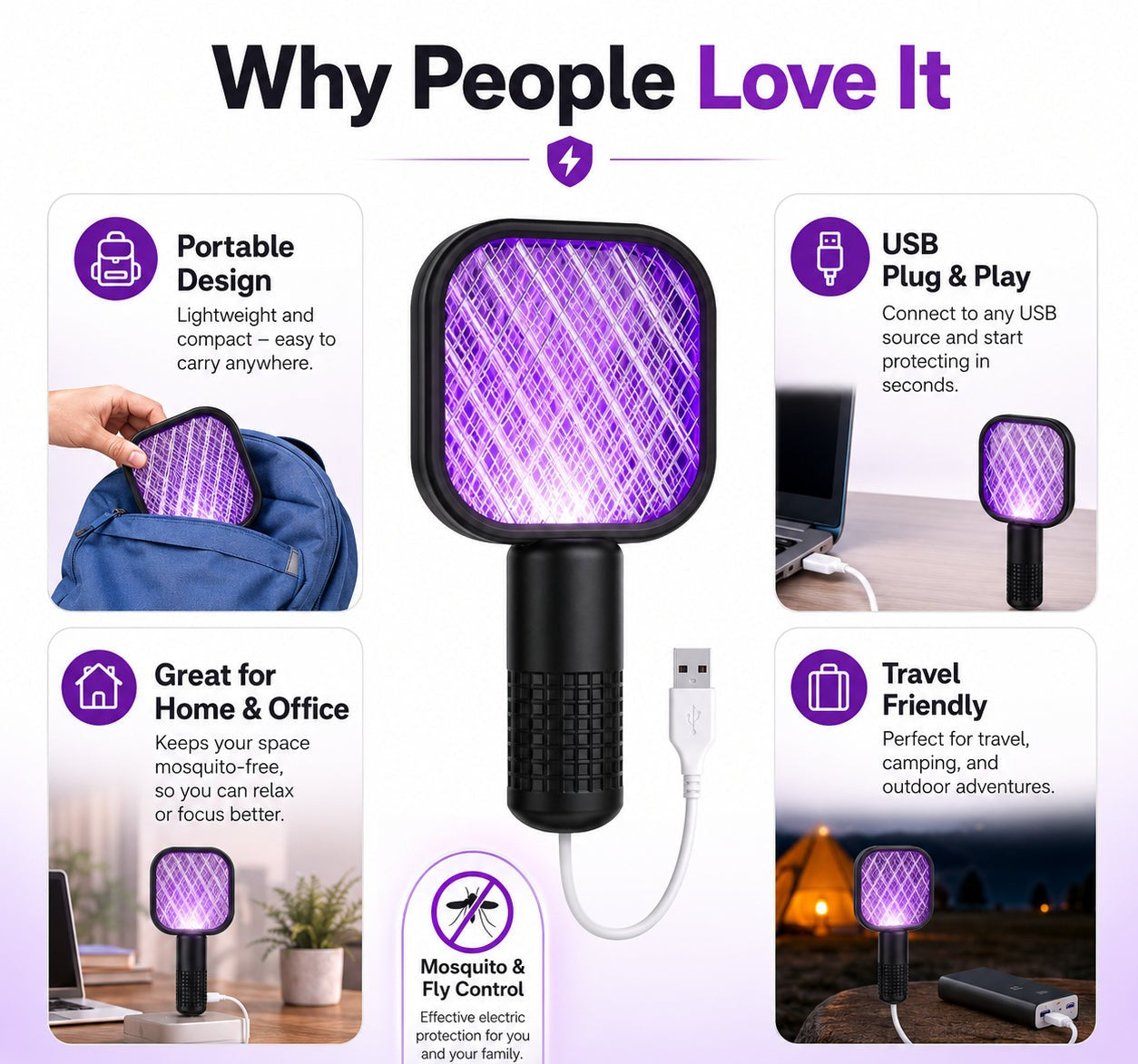 Mini Mosquito Killer Racket USB Rechargeable Mosquito Racket with UV Light