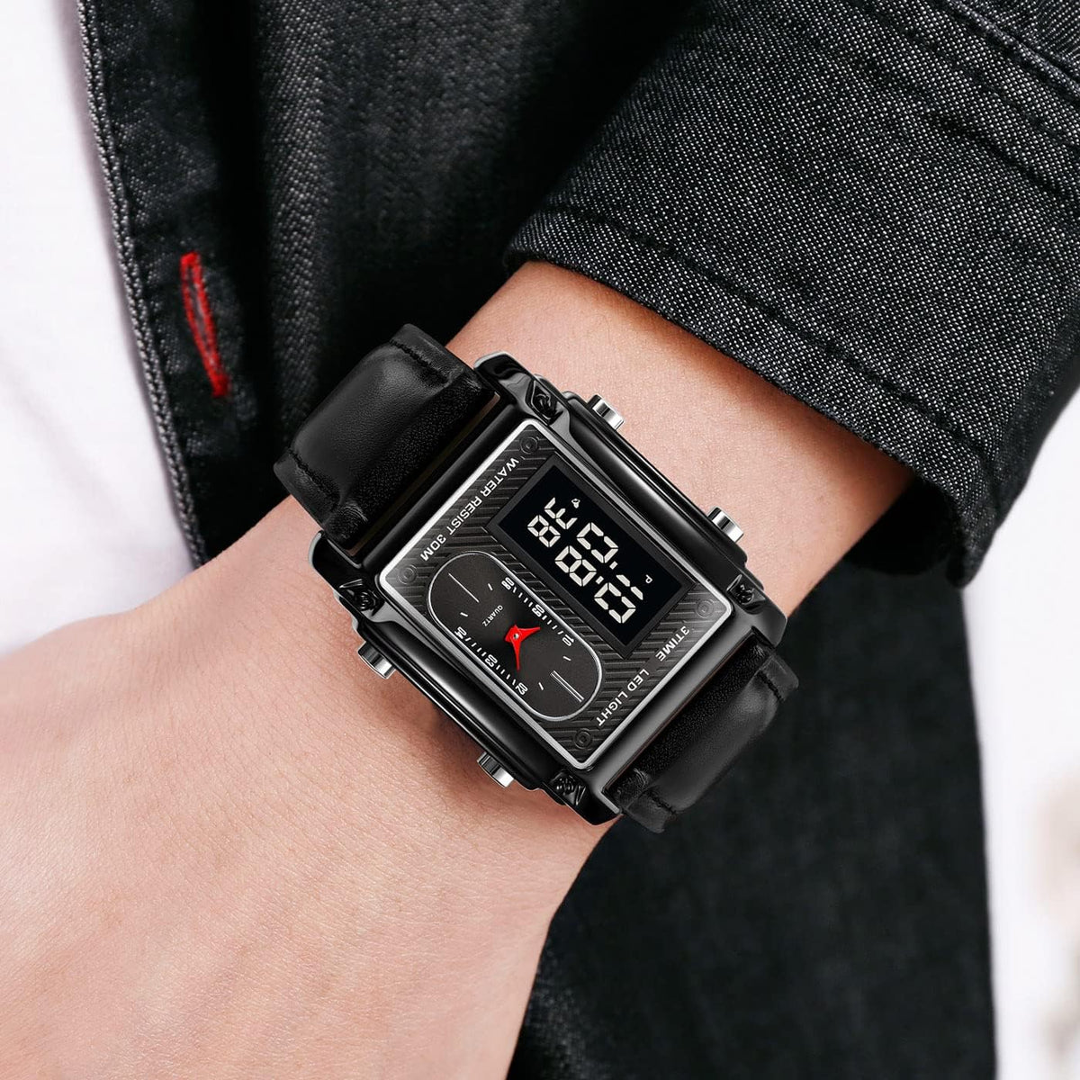 Stylish Men's LED Digital Analog Watch with Black Leather Strap