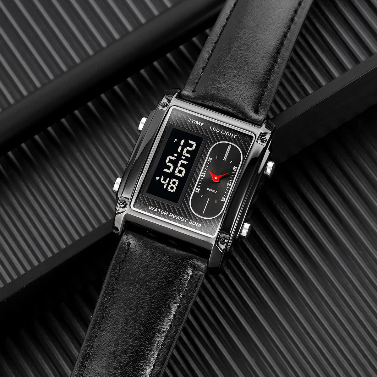 Men's Black Quartz Watch with Digital Display and 30M Water Resistance