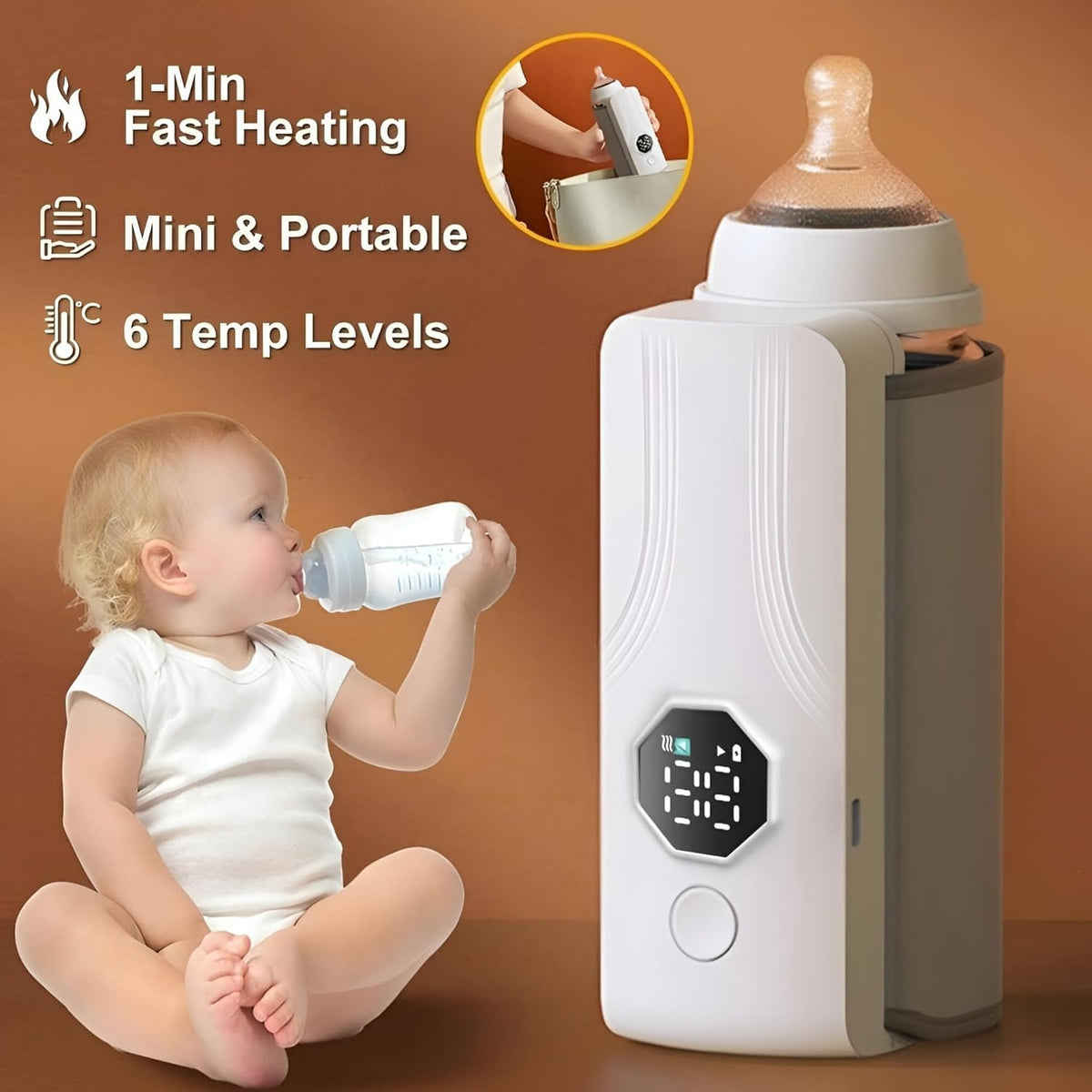Compact baby bottle warmer stored in a travel baby bag