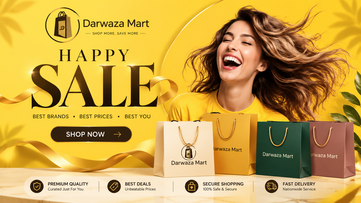 Darwaza Mart sale banner featuring a happy shopper, branded shopping bags, and special online shopping offers
