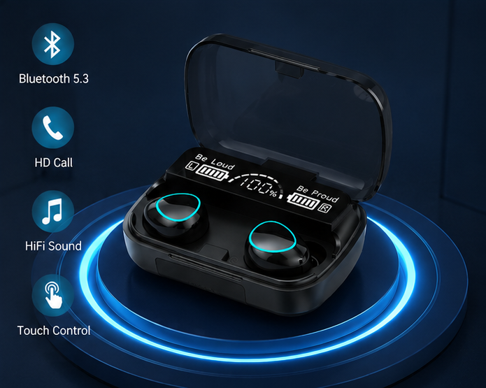 M10 TWS Bluetooth 5.3 earbuds with LED digital display charging case