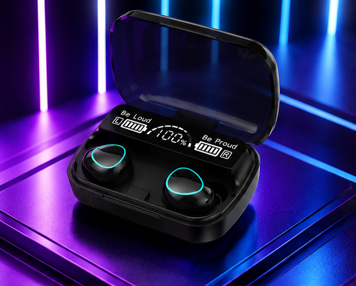 M10 wireless Bluetooth earbuds with compact charging case and stereo sound