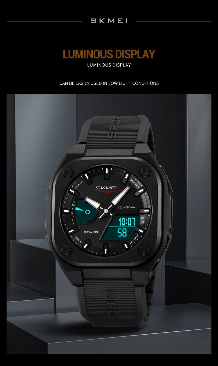 SKMEI original men's world timer analog digital sports watch black