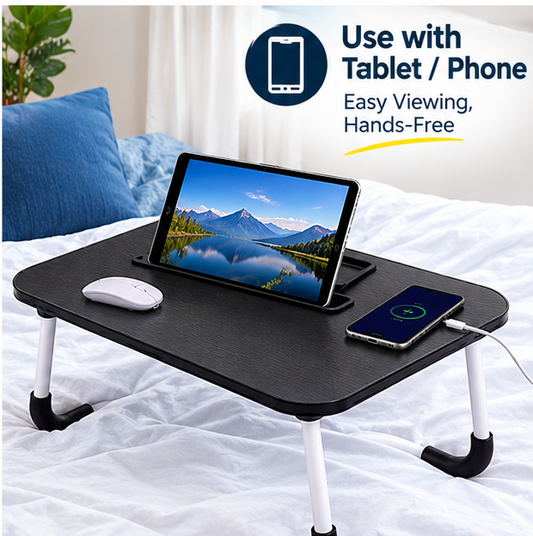 Portable adjustable bed table with laptop and tablet holder for comfortable work and study