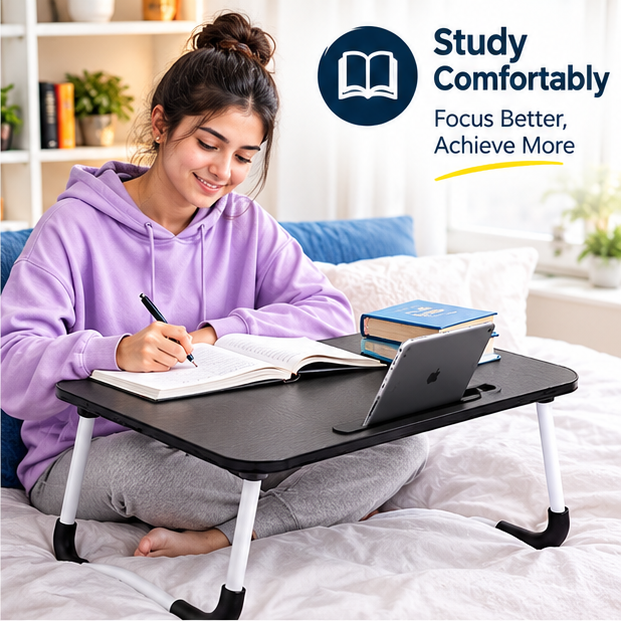 Student using adjustable bed table for comfortable studying and writing