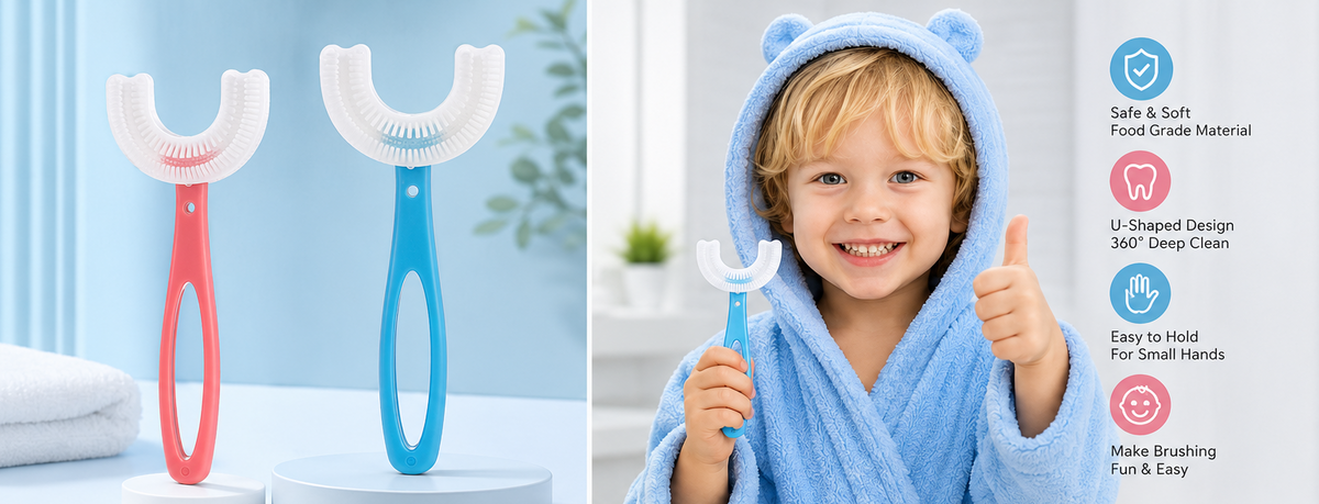 pink and blue U-shaped toothbrushes for kids and toddlers