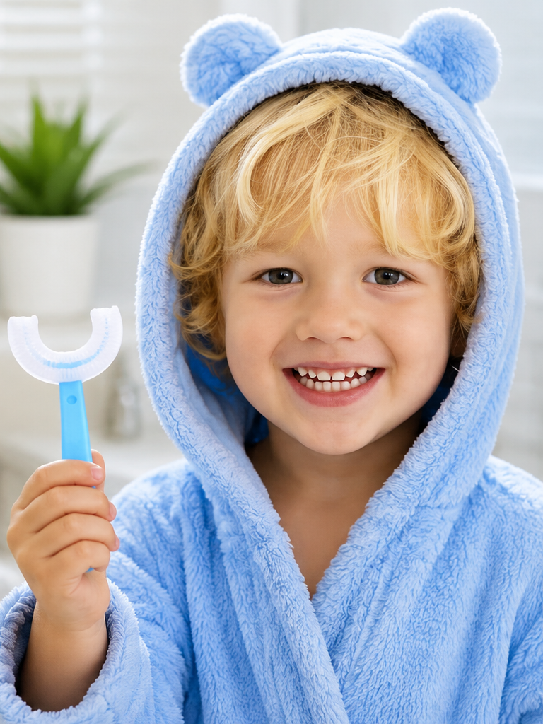 U-shaped kids toothbrush with soft bristle brush head