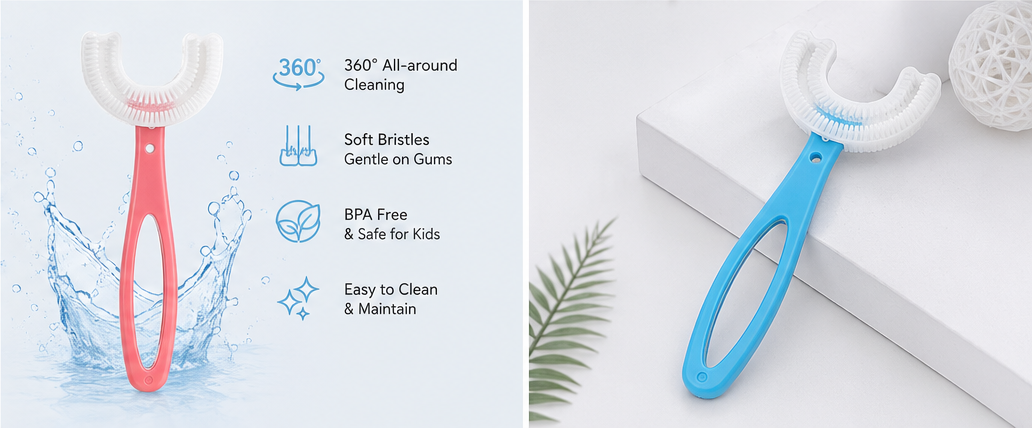 U-shaped baby toothbrush with ergonomic handle for children